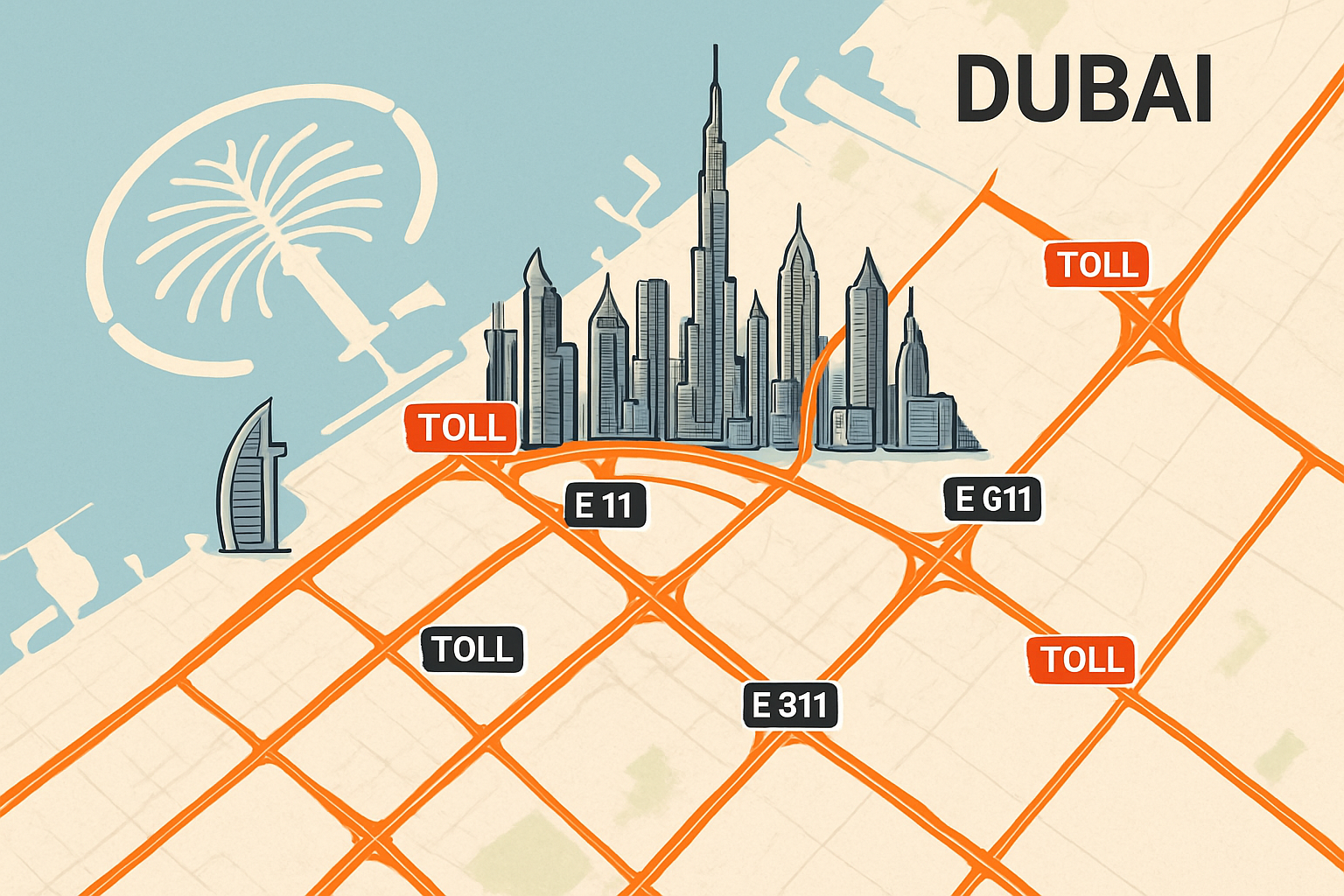 Dubai skyline with major toll road routes
