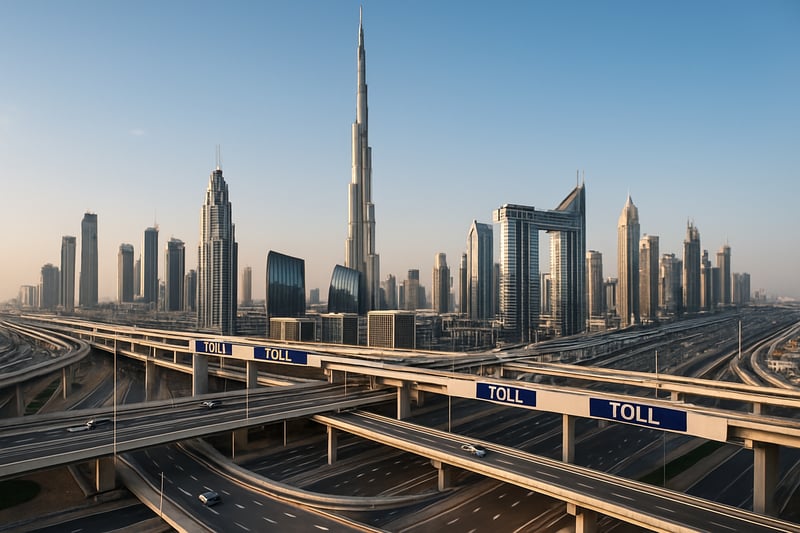 Dubai skyline with modern toll road infrastructure Dubai skyline with modern toll road infrastructure