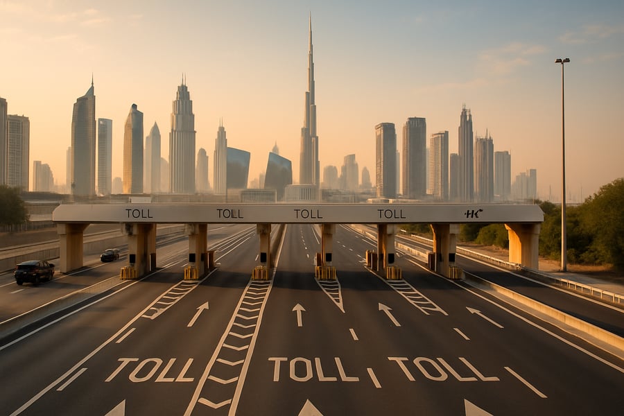 Dubai toll road with city skyline Dubai toll road with city skyline